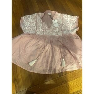 THML Anthropologie Pink Embroidered Top Shirt Flutter Sleeves Tassels M NWT Boho